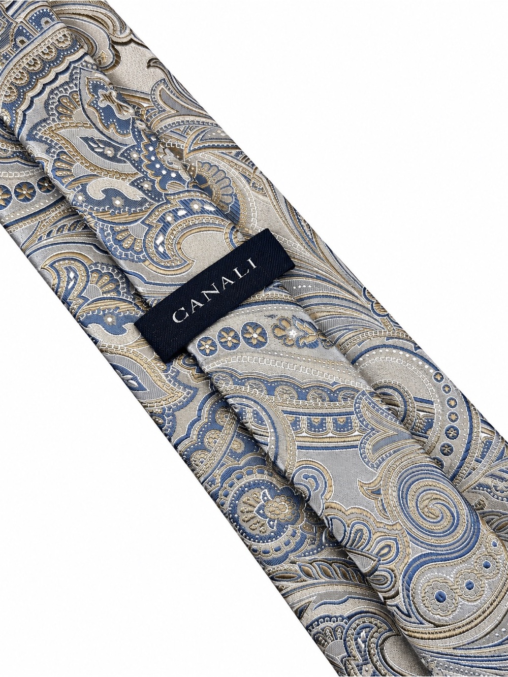 Canali Italy Luxury Silk Tie Paisley Silver Blue Gold Mens Necktie Authentic - Picture 3 of 11